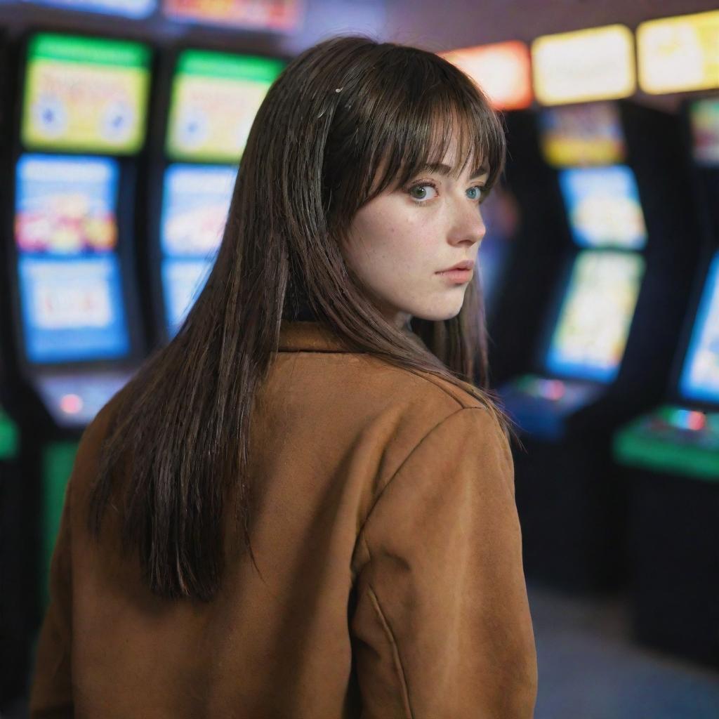 casual photograpy by kodak from the back, female , 23 year old with green eyes and black long hai with withe streaks in the bangs, brown jacket.,freckles, playing arcade video games, medium distance shot, high detailed, 4k hd,  --styerw--v 5.2 ar 2-3