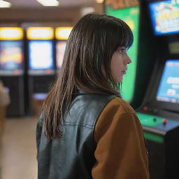 casual photograpy by kodak from the back, female , 23 year old with green eyes and black long hai with withe streaks in the bangs, brown jacket.,freckles, playing arcade video games, medium distance shot, high detailed, 4k hd,  --styerw--v 5.2 ar 2-3