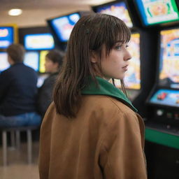 casual photograpy by kodak from the back, female , 23 year old with green eyes and black long hai with withe streaks in the bangs, brown jacket.,freckles, playing arcade video games, medium distance shot, high detailed, 4k hd,  --styerw--v 5.2 ar 2-3