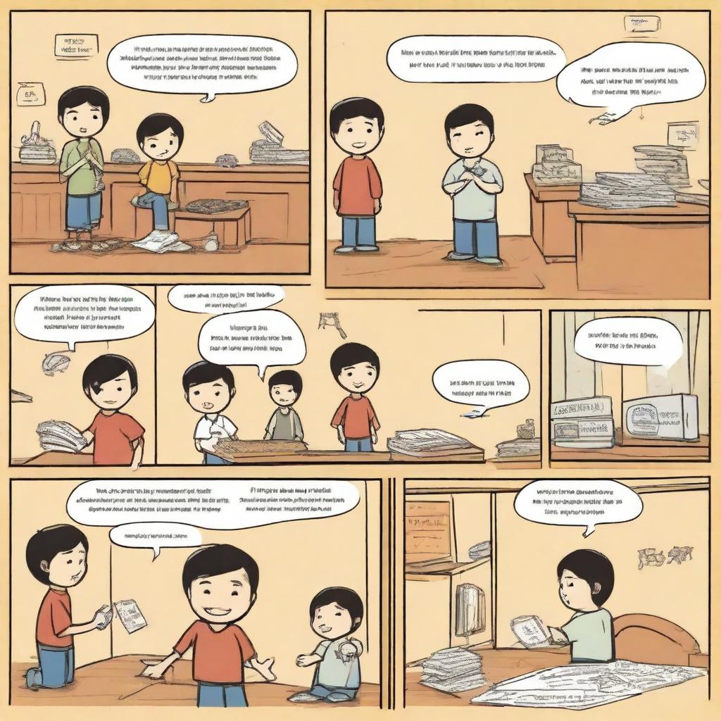 Create a storyboard: First panel: A 10-year-old boy named Feng Bao discovers a murder mystery game shop at summer camp