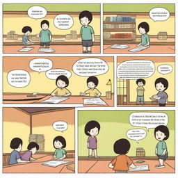 Create a storyboard: First panel: A 10-year-old boy named Feng Bao discovers a murder mystery game shop at summer camp