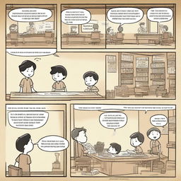 Create a storyboard: First panel: A 10-year-old boy named Feng Bao discovers a murder mystery game shop at summer camp