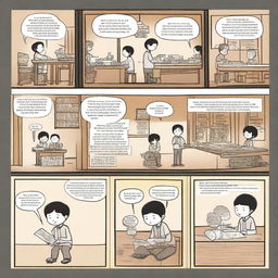 Create a storyboard: First panel: A 10-year-old boy named Feng Bao discovers a murder mystery game shop at summer camp