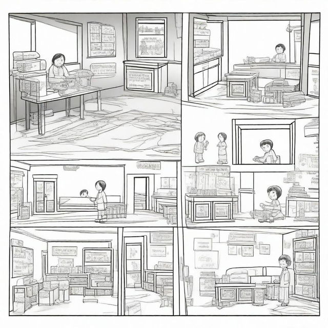 Create a storyboard in black and white illustration style