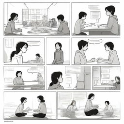 Create a six-panel storyboard in a minimalist black-and-white illustration style: First panel: On a sunny weekend, 19-year-old Xizi and her script-killing club friends meet up to play