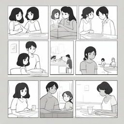 Create a six-panel storyboard in a minimalist black-and-white illustration style: First panel: On a sunny weekend, 19-year-old Xizi and her script-killing club friends meet up to play