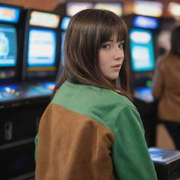 casual photograpy by kodak from the back, female , 23 year old with green eyes and black long hai with withe streaks in the bangs, brown jacket.,freckles, playing arcade video games, medium distance shot, high detailed, 4k hd,  --styerw--v 5.2 ar 2-3