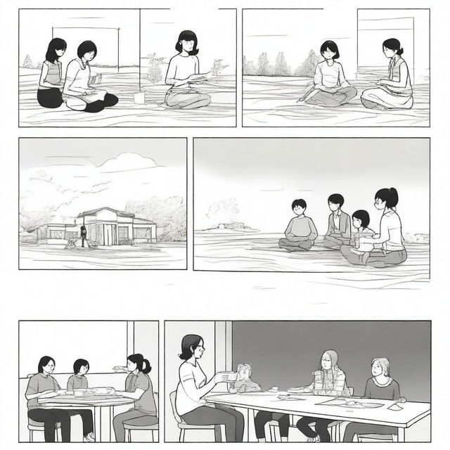 Create a six-panel storyboard in a minimalist black-and-white illustration style: First panel: On a sunny weekend, 19-year-old Xizi and her script-killing club friends meet up to play