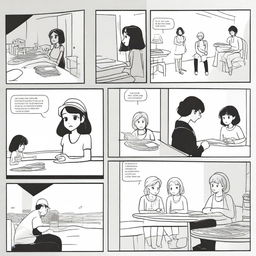 Create a six-panel storyboard in a minimalist black-and-white illustration style: First panel: On a sunny weekend, 19-year-old Xizi and her script-killing club friends meet up to play