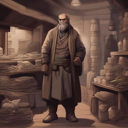 A detailed illustration of a Duergar trader in a bustling underground market