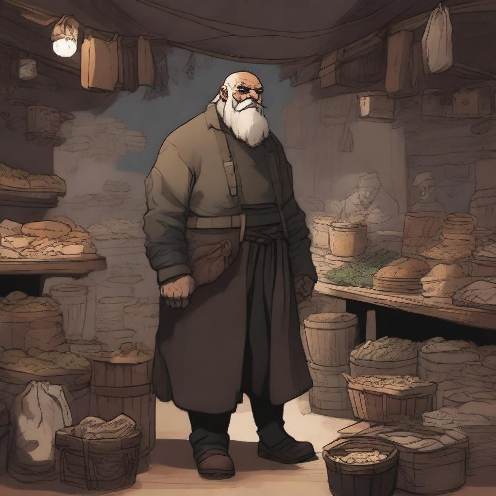 A detailed illustration of a Duergar trader in a bustling underground market