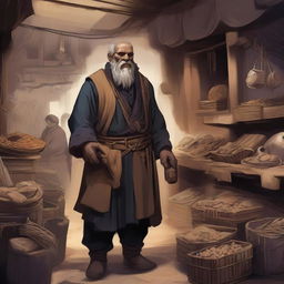 A detailed illustration of a Duergar trader in a bustling underground market