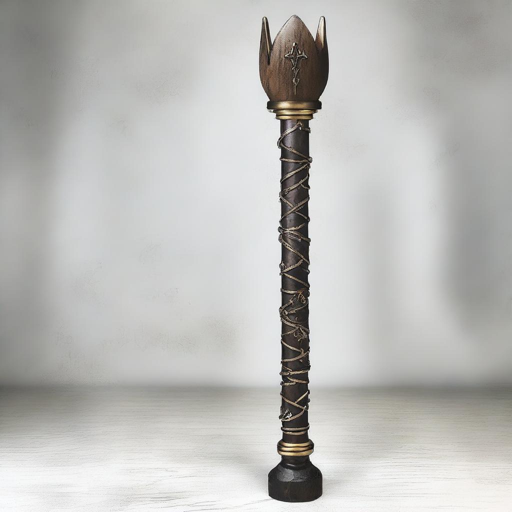 Create a fantasy 5-foot staff made of dark wood with gold runes visible on the wood