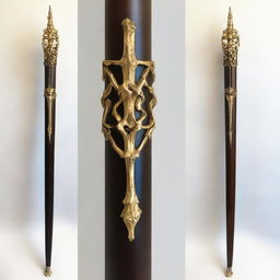 Create a fantasy 5-foot staff made of dark wood with gold runes visible on the wood