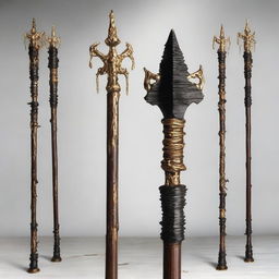 Create a fantasy 5-foot staff made of dark wood with gold runes visible on the wood