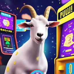 A goat is playing a space-themed arcade game, with the screen showing a high score and the name 'Pilgor' displayed prominently