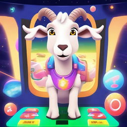 A goat is playing a space-themed arcade game, with the screen showing a high score and the name 'Pilgor' displayed prominently