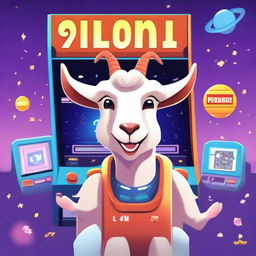 A goat is playing a space-themed arcade game, with the screen showing a high score and the name 'Pilgor' displayed prominently