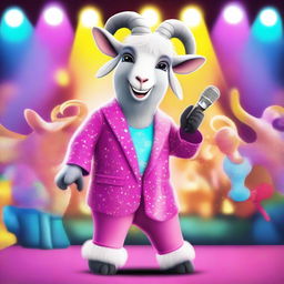 A goat undergoing a glamorous makeover to become a pop star, complete with stylish clothes and accessories