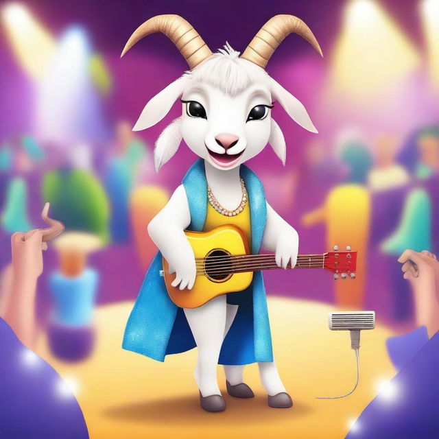 A goat undergoing a glamorous makeover to become a pop star, complete with stylish clothes and accessories