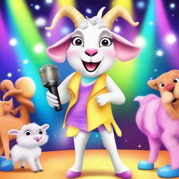 A goat undergoing a glamorous makeover to become a pop star, complete with stylish clothes and accessories