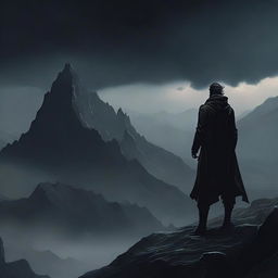 A fantasy scene featuring a man standing on a mountain, looking forward into the distance