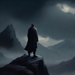 A fantasy scene featuring a man standing on a mountain, looking forward into the distance