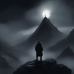 A fantasy scene featuring a man standing on a mountain, looking forward into the distance