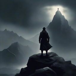 A fantasy scene featuring a man standing on a mountain, looking forward into the distance