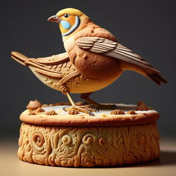 A hyper-realistic image of an enormous cookie with an intricately detailed bird perched on top.