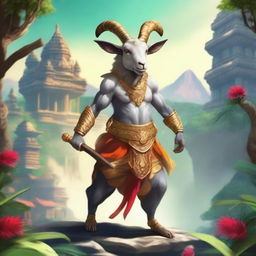 A goat dressed as a Vanara, a mythical monkey warrior from Hindu mythology, embarking on a warrior's journey