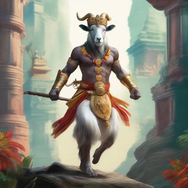 A goat dressed as a Vanara, a mythical monkey warrior from Hindu mythology, embarking on a warrior's journey