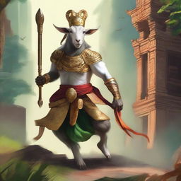 A goat dressed as a Vanara, a mythical monkey warrior from Hindu mythology, embarking on a warrior's journey