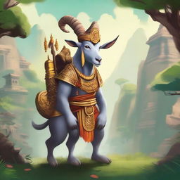 A goat dressed as a Vanara, a mythical monkey warrior from Hindu mythology, embarking on a warrior's journey