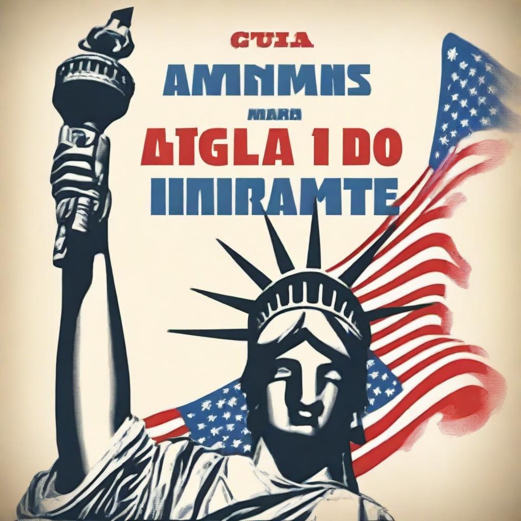 Create an ebook cover titled 'Guia para o Imigrante Ilegal' featuring the American flag, the Statue of Liberty, and an immigrant crossing the border