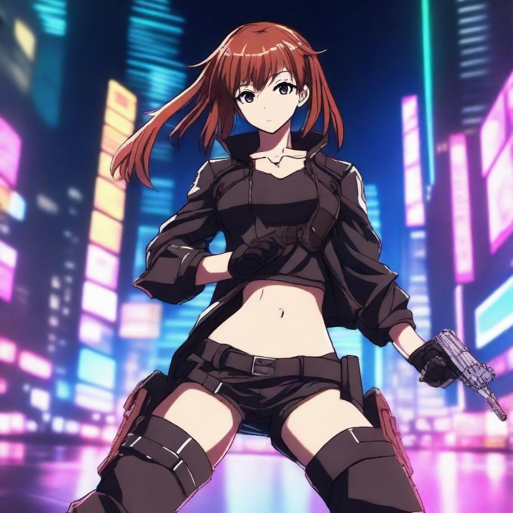 A dynamic and intense scene featuring an anime girl holding a gun