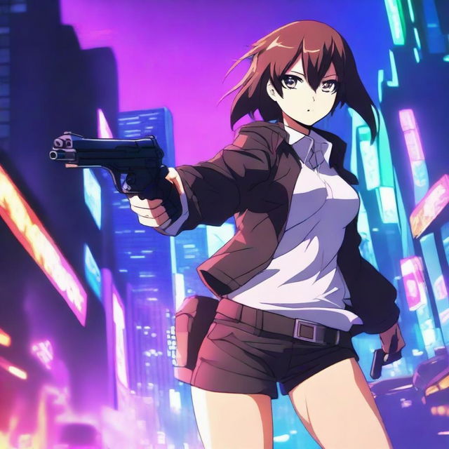 A dynamic and intense scene featuring an anime girl holding a gun