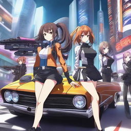 A dynamic scene featuring anime girls with stylish cars and futuristic guns