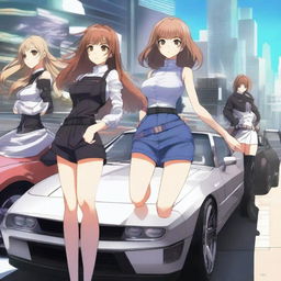 A dynamic scene featuring anime girls with stylish cars and futuristic guns