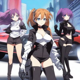 A dynamic scene featuring anime girls with stylish cars and futuristic guns