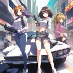 A dynamic scene featuring anime girls with stylish cars and futuristic guns