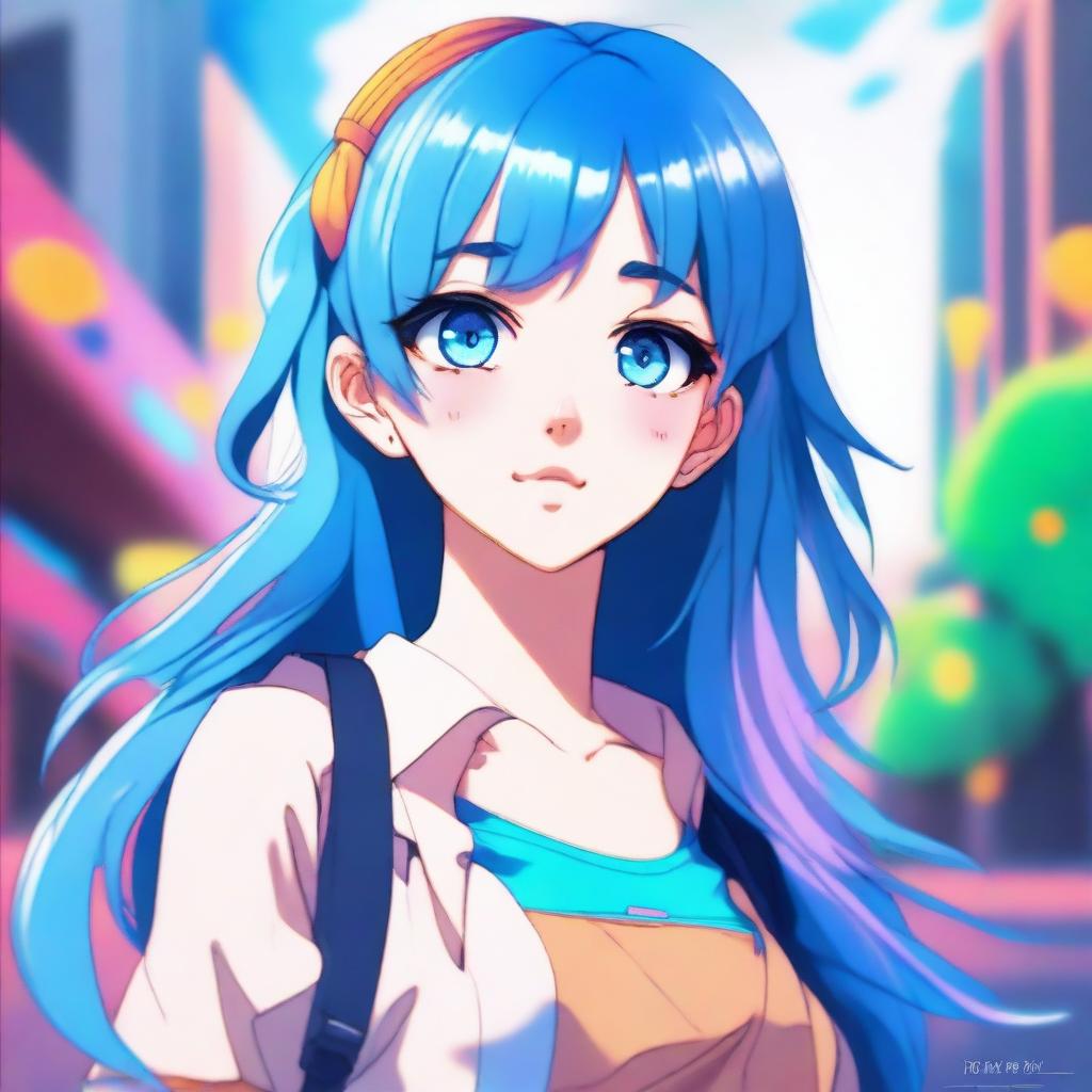 A digital art piece featuring a blue-haired anime girl