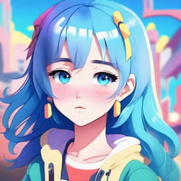 A digital art piece featuring a blue-haired anime girl