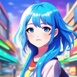 A digital art piece featuring a blue-haired anime girl