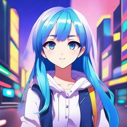 A digital art piece featuring a blue-haired anime girl