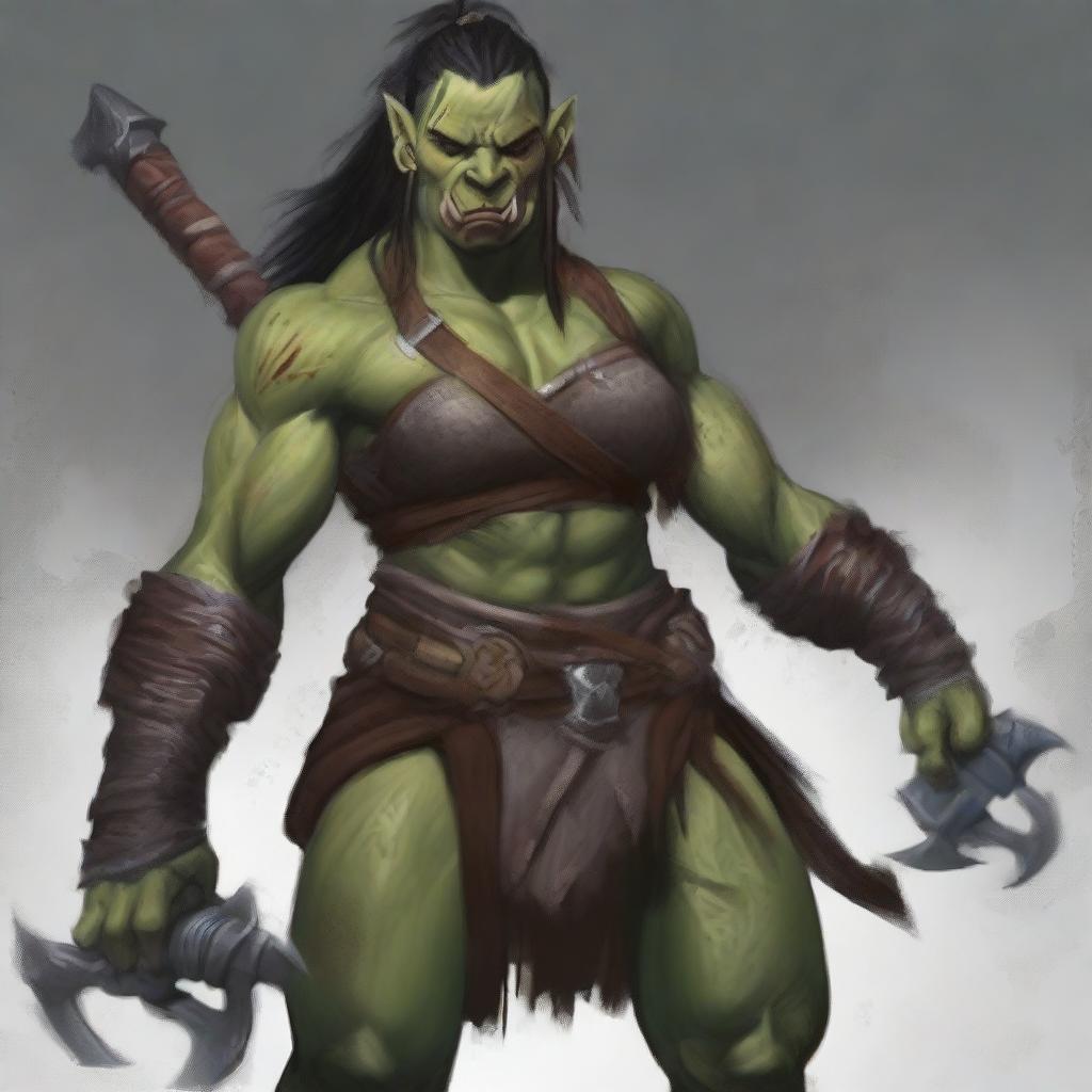 A fierce female human half-orc barbarian stands ready for battle