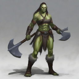 A fierce female human half-orc barbarian stands ready for battle