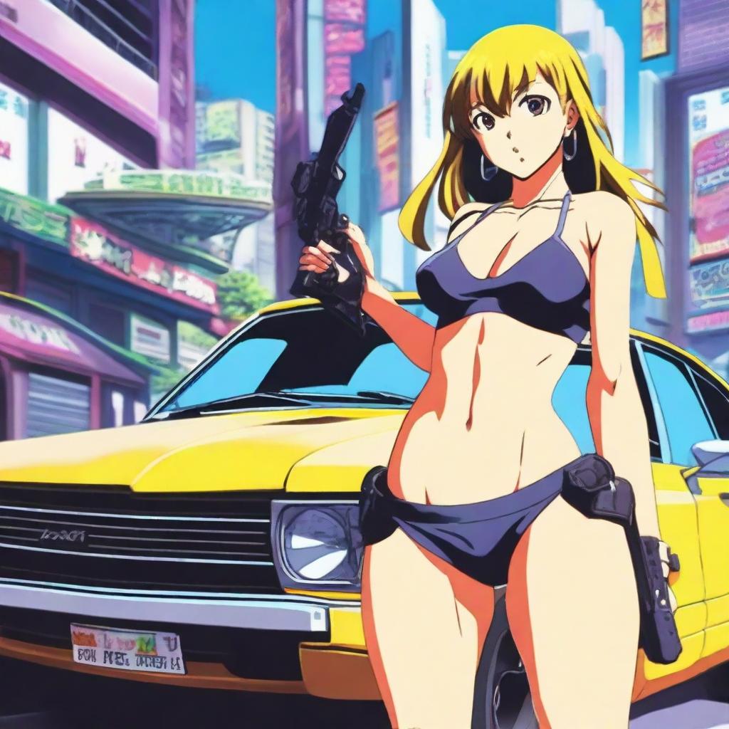 An anime girl wearing a bikini, standing next to a Holden Commodore car, holding guns in each hand