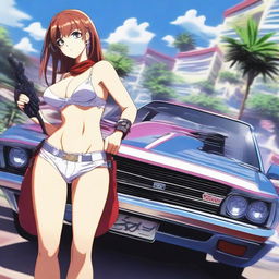 An anime girl wearing a bikini, standing next to a Holden Commodore car, holding guns in each hand