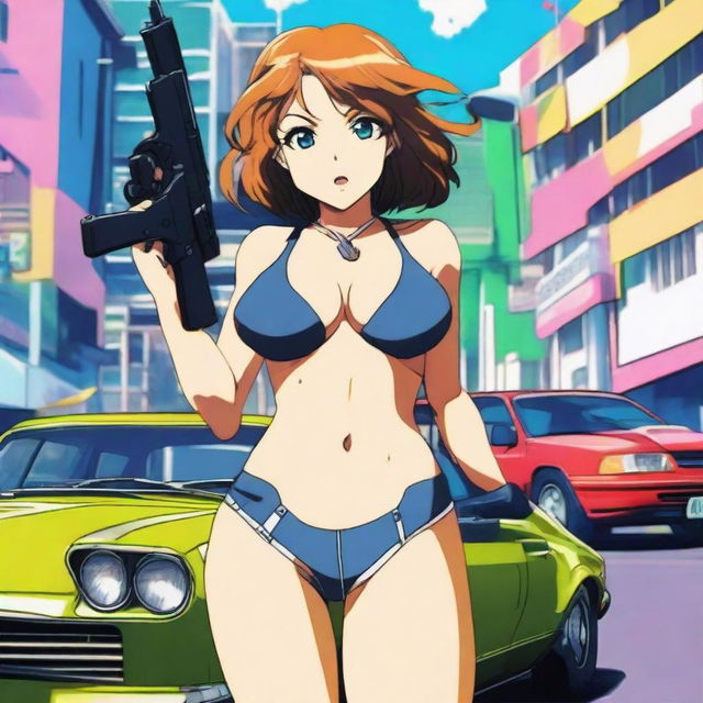 An anime girl wearing a bikini, standing next to a Holden Commodore car, holding guns in each hand